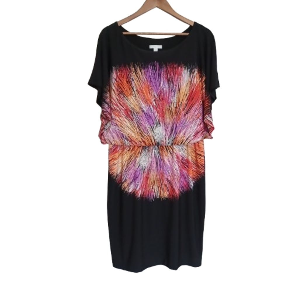 New York & Company Elegant Black Dress with Festive Vibrant Color Blast Pattern